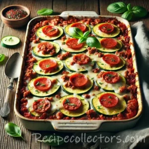 Zucchini pizza casserole with a vegetable rice crust, ground beef, tomato sauce, mozzarella, and Parmesan