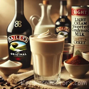 Homemade Irish Cream Liqueur served over ice in a glass with a bottle of creamy Irish whiskey liqueur.