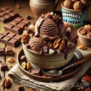 Ultimate Fudge Chunk Ice Cream with dark chocolate, white chocolate, pecans, walnuts, and chocolate-covered almonds.