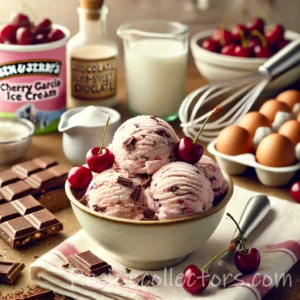 A close-up of a scoop of homemade cherry chocolate ice cream in a white porcelain bowl