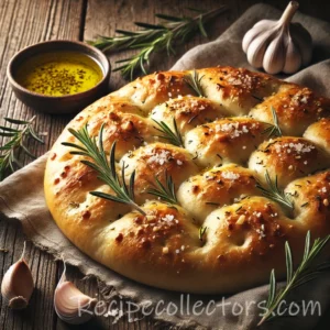 Garlic rosemary focaccia with a golden dimpled crust, fresh herbs and olive oil