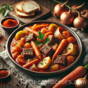 Hungarian paprikash stew with tender chicken in a creamy paprika and sour cream sauce