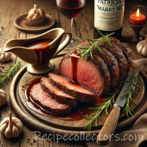 Rosemary beef tenderloin sliced and served with red wine gravy, roasted potatoes, and green vegetables