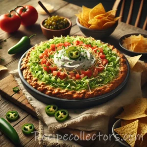 Layered pinto bean dip with guacamole, sour cream, salsa, cheese and fresh toppings
