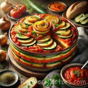 Vegetable casserole with layered potatoes, carrots, zucchini, peppers, and tomato herb sauce served in a rustic baking dish.Vegetable casserole with layered potatoes, carrots, zucchini, peppers, and tomato herb sauce served in a rustic baking dish.