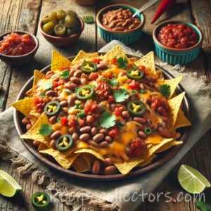 Cheesy two-bean nachos topped with black beans, pinto beans, avocado, salsa, peppers, and melted cheese