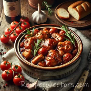 Spanish chicken pork stew with tender chicken, pork, potatoes, carrots, and tomatoes served in a rustic Dutch oven.