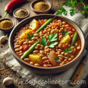Mediterranean Wheat Berry Stew with wheat berries, chickpeas, tomatoes, carrots, and fresh parsley in a rustic bowl.