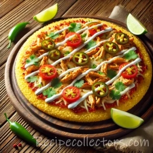 Mexican cornmeal chicken pizza with fire-roasted tomatoes, yellow pepper and cilantro