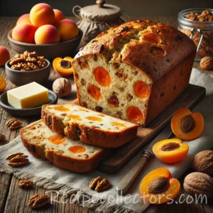 Apricot Walnut Loaf sliced on a rustic wooden board with dried apricots, walnuts, and fresh orange zest.