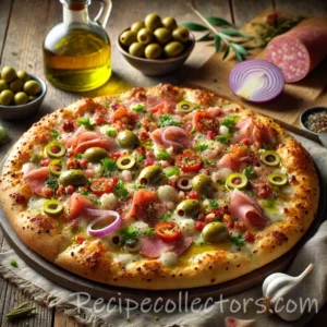 Muffuletta pizza with salami, ham, cheese and olives