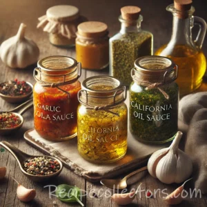 Oil-based pizza sauces in three bowls with garlic herbs, lemon mustard and Southwestern spices