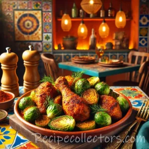 Paprika Chicken Legs cooked in the air fryer with roasted Brussels sprouts on a rustic dinner plate.