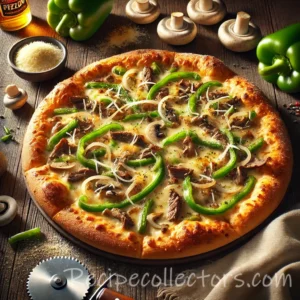 Philly cheesesteak pizza with ribeye, peppers and melted cheese