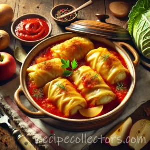 Potato-stuffed cabbage rolls with creamy potato filling, sour cream and fresh parsley