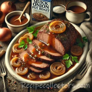Onion pot roast with tender sliced beef and rich homemade onion gravy