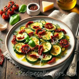 Sun-dried tomato zucchini with garlic, fresh tomatoes and melted mozzarella