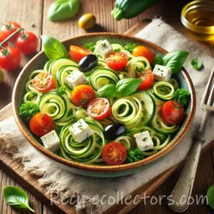 Lemon zucchini pasta salad with yellow squash, tomato, red pepper and dill