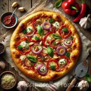 Roasted pepper garlic pizza with vegan mozzarella and basil