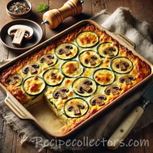 Mushroom zucchini egg bake topped with melted cheddar cheese