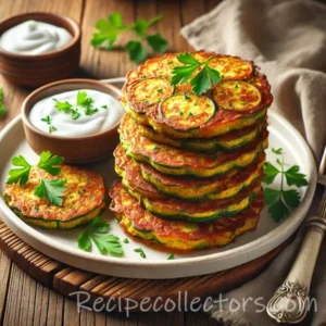 Crispy zucchini fritters with golden edges, grated zucchini, Parmesan cheese, and a tender center