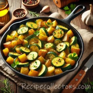 Zucchini potato skillet with tomatoes, green onions, garlic, and basil served in a rustic skillet