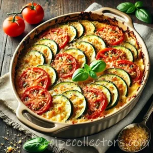 Zucchini tomato gratin with tender summer vegetables and a golden breadcrumb topping in a ceramic baking dish
