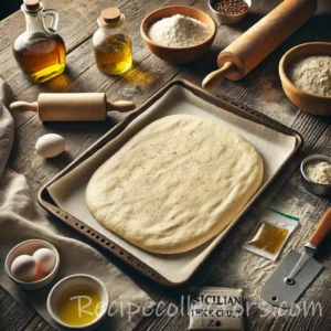 Sicilian pizza dough baked into a thick golden sheet pan crust with tomato sauce and mozzarella