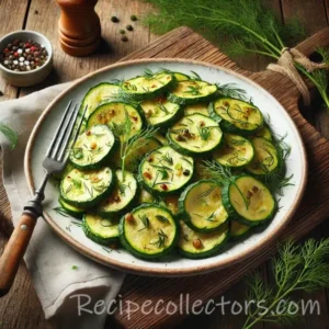 Dilled zucchini skillet with green onions, garlic, and fresh dill served in a rustic ceramic bowl