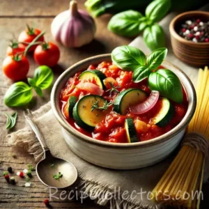 Zucchini tomato sauce with fresh basil, parsley, garlic, and tender zucchini served over pasta