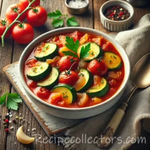 Zucchini tomato stew with tender zucchini, ripe tomatoes, onions, and fresh dill served in a rustic bowl