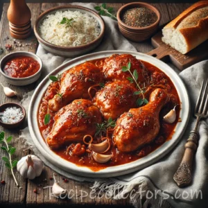 Tuscan Slow Cooker Chicken served in a rich tomato herb sauce with fresh parsley on a rustic dinner plate.