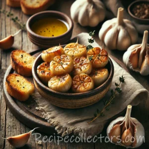 Mellow crockpot garlic spread in a small bowl with toasted bread and whole garlic heads