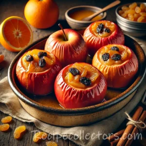 Stuffed Apples filled with raisins, orange, and warm spices served with syrup on a rustic dessert plate.