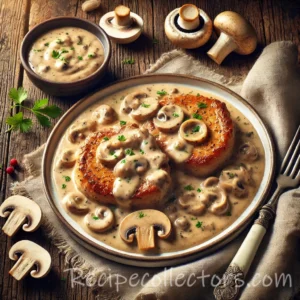 Creamy Mushroom Pork with tender pork chops in a rich mushroom sauce.