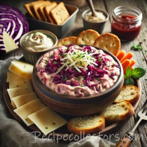 Creamy Reuben party dip served warm with toasted rye bread cubes and fresh vegetable sticks