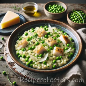 Smoky haddock pea risotto served in a bowl with sweet peas, Parmesan, chives, and flakes of smoked fish