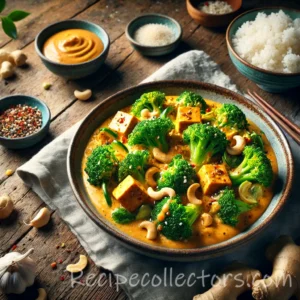 Spicy Almond Tofu Stir-Fry with crispy tofu, broccoli, red pepper, and creamy almond sauce served in a rustic bowl.