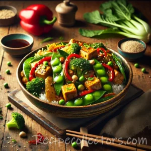 Spicy Szechuan tofu stir-fry with crispy tofu, bell pepper, zucchini, carrots and snap peas