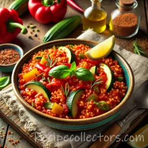 Turkish red bulgur salad with cucumber, tomato, red onion, parsley, mint and lemon dressing