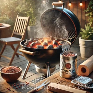 DIY Smoker Technique using soaked wood chips on a barbecue grill to create rich smoky flavor.