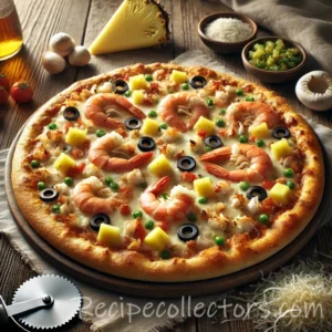 Pineapple shrimp pizza with mozzarella, onion and cilantro