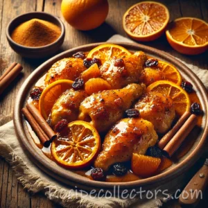 Orange cinnamon chicken with honey, ginger, cloves, fresh orange slices, and a glossy citrus sauce