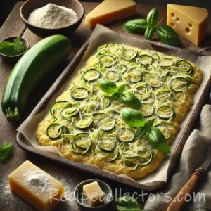 Parmesan zucchini pizza crust topped with mozzarella, tomatoes, peppers and fresh basil