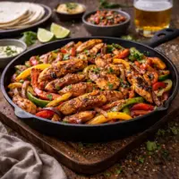 Party-time chicken fajitas on rustic wooden table
