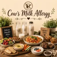 Cow’s Milk Allergy Recipes with dairy-free meals, fresh ingredients and allergy-friendly dishes on a rustic wooden table