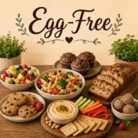 Egg-Free Recipes with family meals baked treats desserts and recipes without eggs on a rustic wooden table