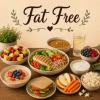 Fat-Free Recipes with healthy meals fresh ingredients nutritious dinners and low-fat food ideas on a rustic wooden table