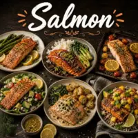 Salmon Recipes with homemade salmon dishes on a rustic wooden table