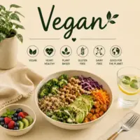 Vegan Recipes with plant-based meals, healthy dinners, nutritious ingredients and delicious vegan dishes on a rustic wooden table